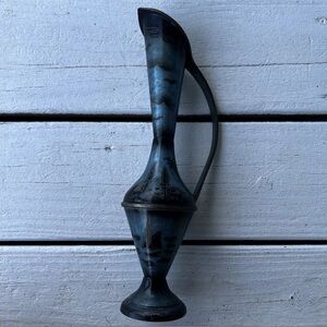 Vintage Metal Ewer Enamel Brass Pitcher Vase with Unique Etched Coastal Designs